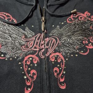 Harley Davidson Thermal Hoodie,WomenBlack Hoodie with Red and Silver Wing Design